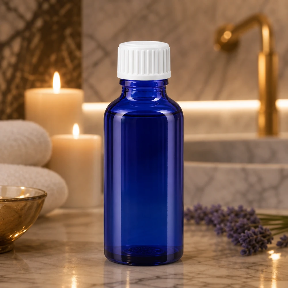 Zylindrische 30ml Blaугласflasche mit weißem Kindersicherheitsverschluss in Wellnessumgebung