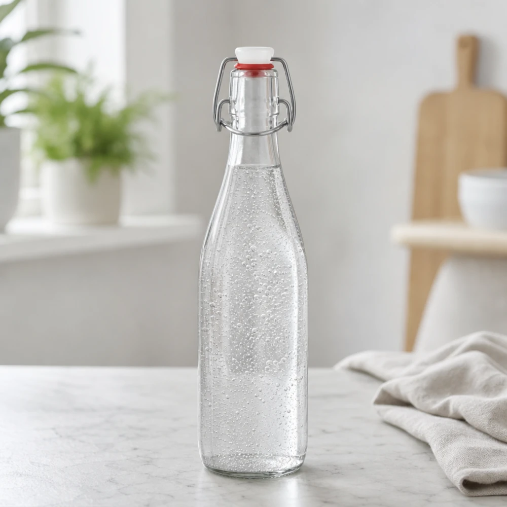 Bottiglia di vetro da 500 ml + tappo a battente in PVC UNiTWIST Bottiglia di vetro da 500 ml con tappo oscillante e riempita di acqua frizzante Bottiglia d'acqua gassata da cucina moderna