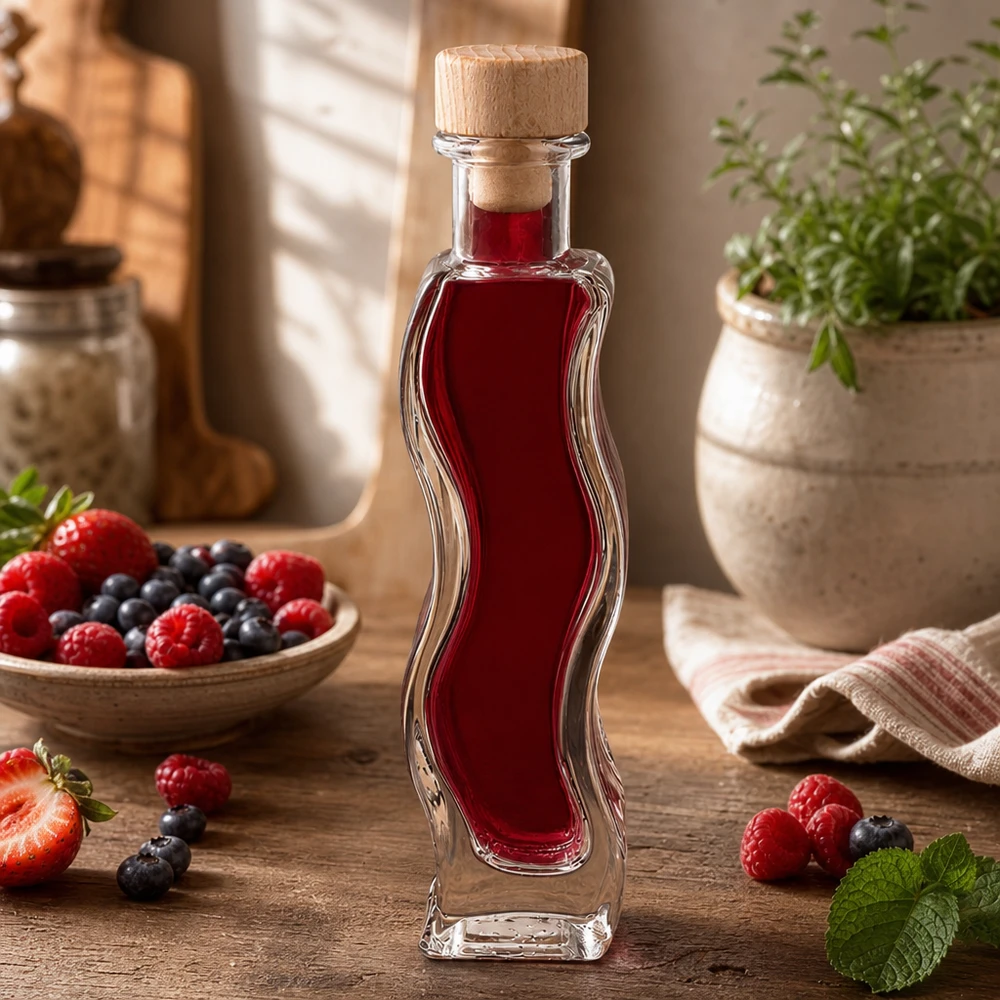 Flacone in vetro da 100 ml Melissa con tappo in sughero con impugnatura in legno UNiTWIST® Bottiglia di vetro da 100 ml di Melissa riempita con succo di bacche circondato da fragole fresche lamponi mirtilli tappo di legno