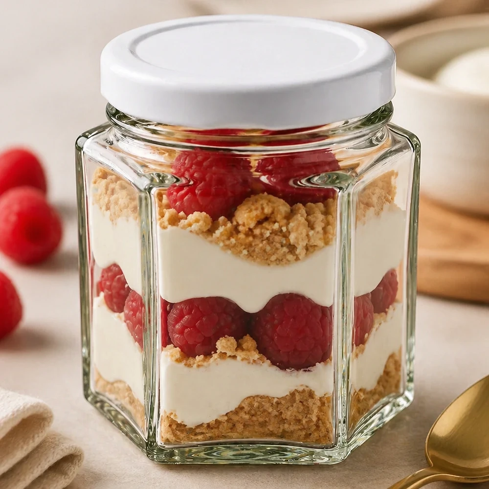 Bicchiere hexa da 47 ml con coperchio BasicSeal bianco come bicchiere da dessert riempito con un dessert a strati di frutti di bosco e panna