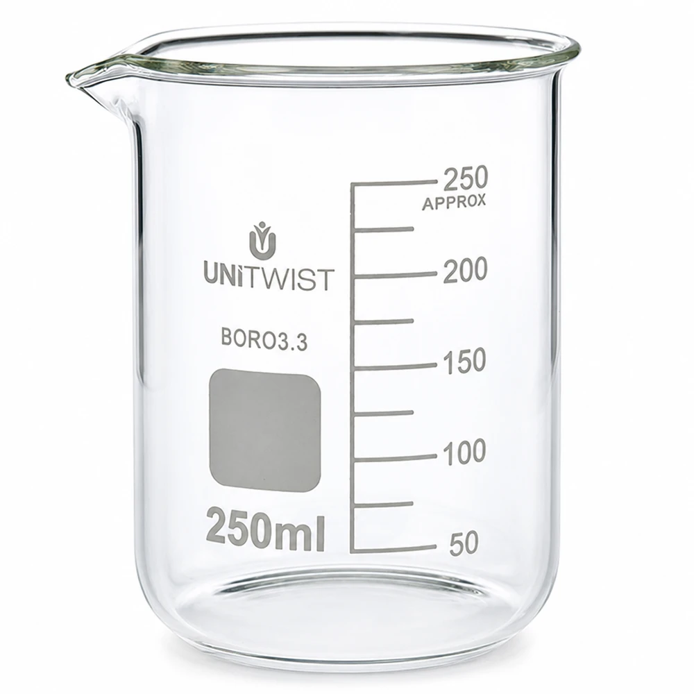 Bicchiere 250ml borosilicato, stampo basso UNiTWIST Bicchiere da 250 ml in borosilicato, modello basso UNiTWIST, con scala graduata in millilitri fino a 250 ml