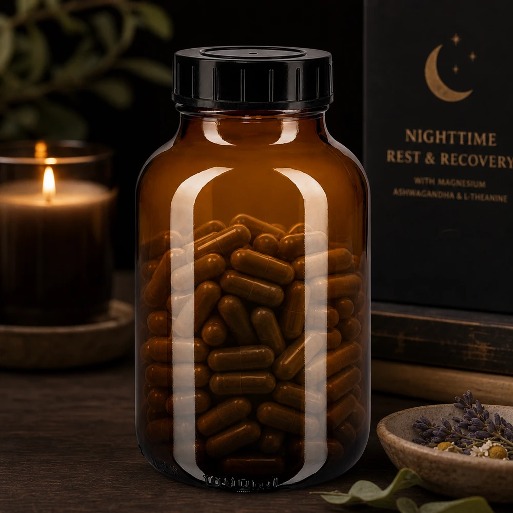 Bottiglia da 1000 ml in vetro ambrato con ampia apertura e tappo nero per un facile riempimento