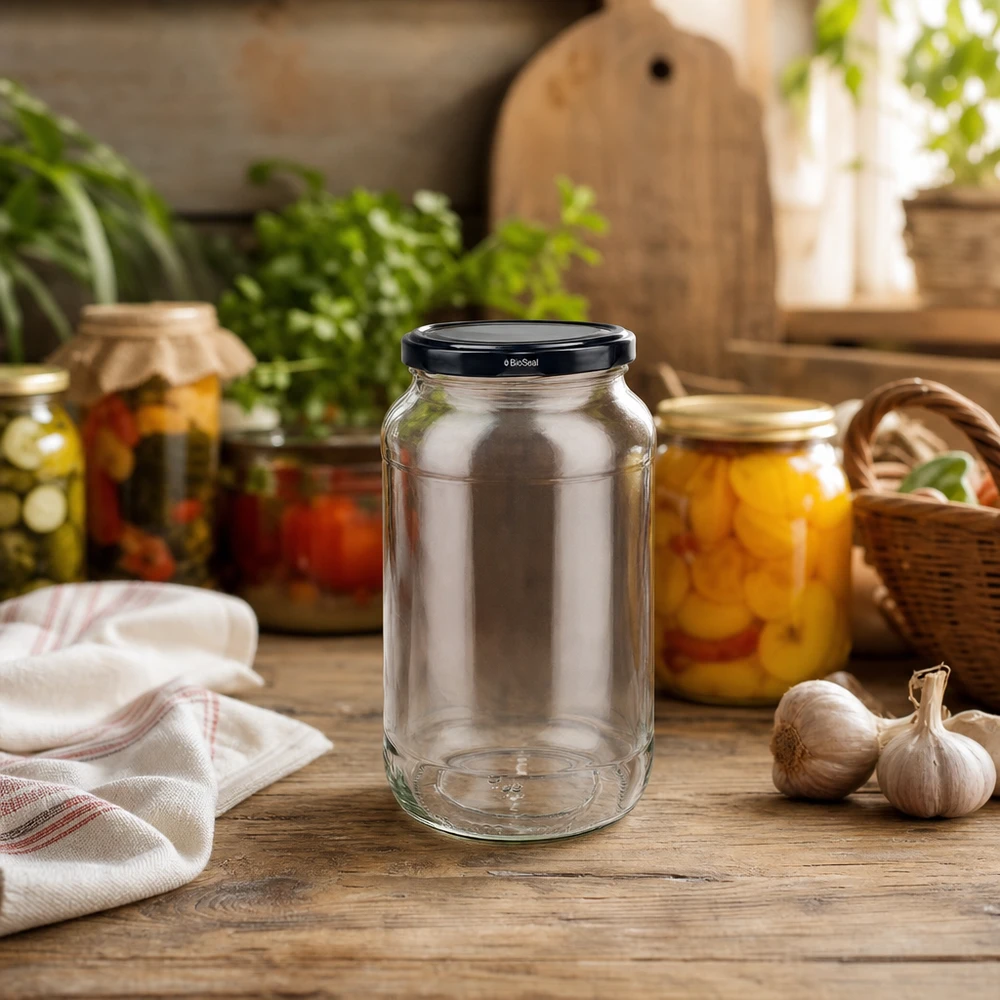 Barattolo rotondo UNiTWIST 1062 con coperchio TO82 BioSeal in una cucina rustica con barattoli per conserve ed erbe aromatiche