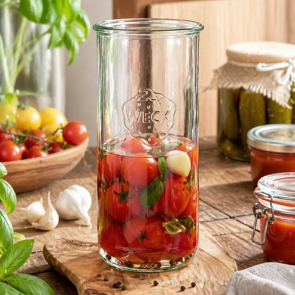 Barattolo di vetro WECK RR100 da 1500 ml Vaso WECK RR100 da 1500 ml con pomodori in salamoia su una tavola di legno, circondato da pomodori freschi e barattoli di conserva