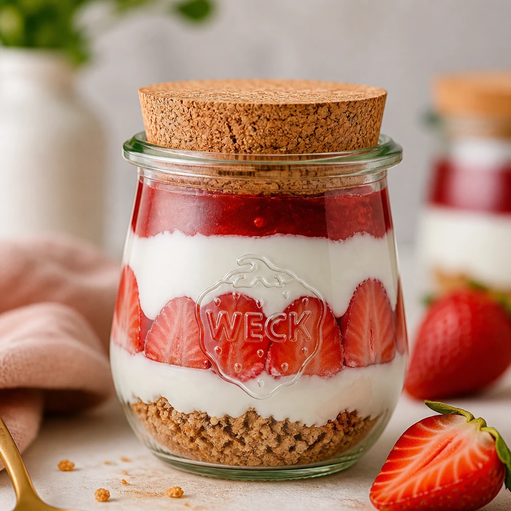 Vaso per tulipani da 220 ml WECK RR60 con tappo in sughero naturale WECK Tulpenglas 220ml RR60 mit Korken für Desserts Joghurt und Overnight Oats kreative Küchendeko mit Erdbeeren
