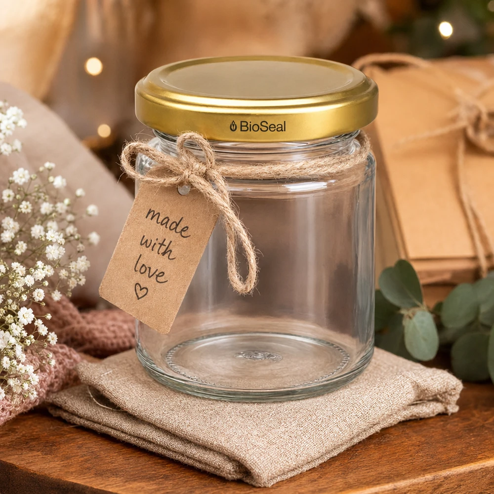 Barattolo regalo UNiTWIST Runda53 con coperchio dorato TO43 BioSeal e targhetta scritta a mano Made with Love