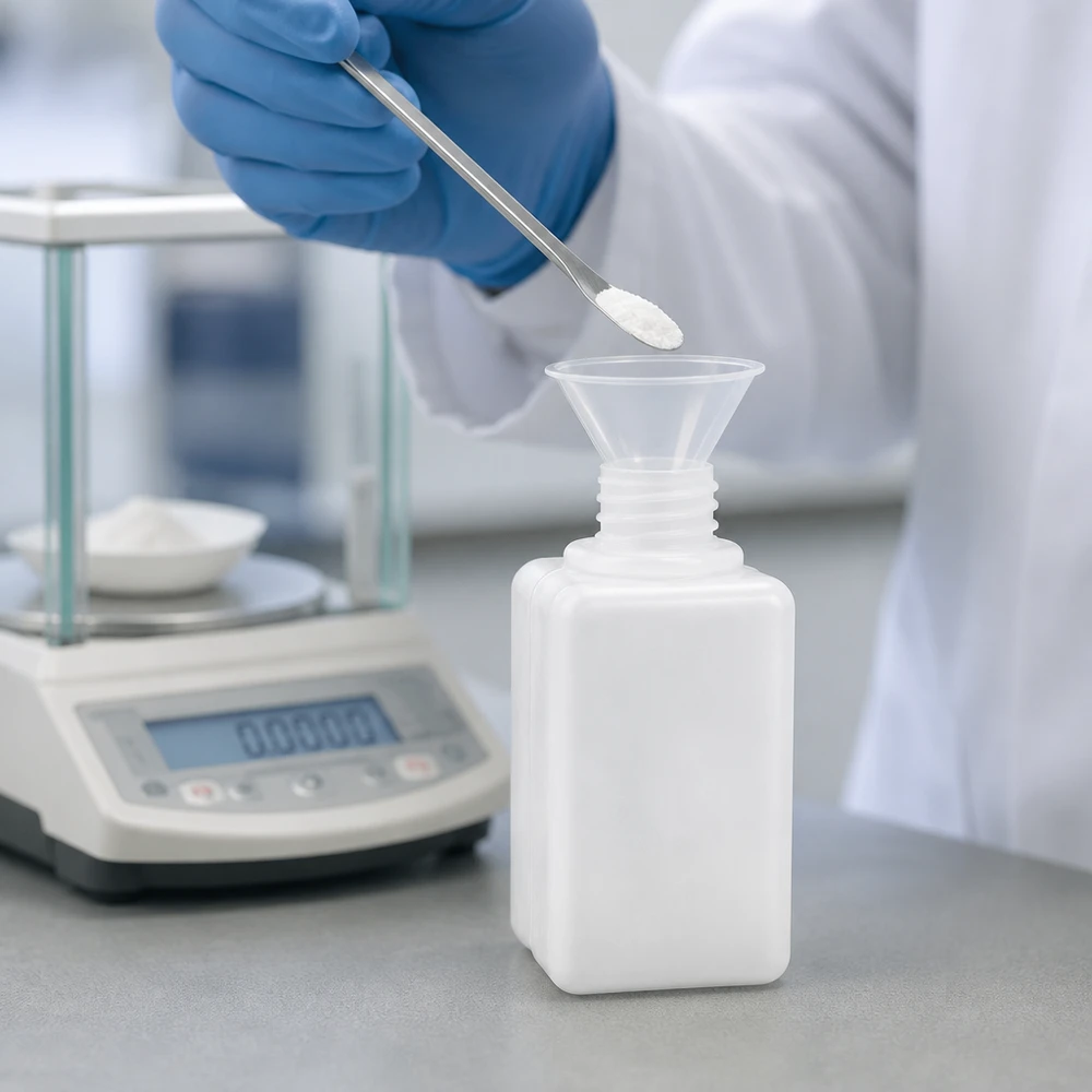 Petit flacon carré pour produits chimiques de 50 ml, GL 18, en PE-HD, destiné à un usage professionnel en laboratoire