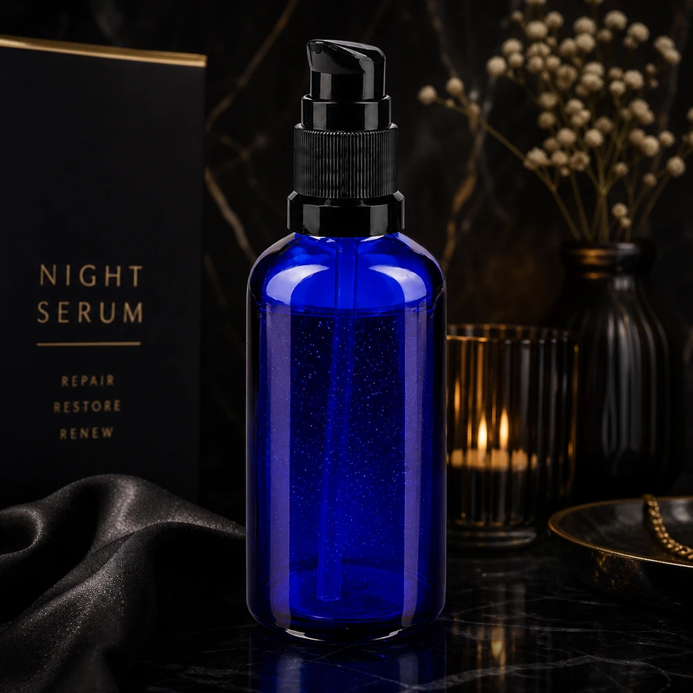 50ml Pumpflasche aus UV-schützendem blauem Apothekerglas mit schwarzem Standardpumpkopf