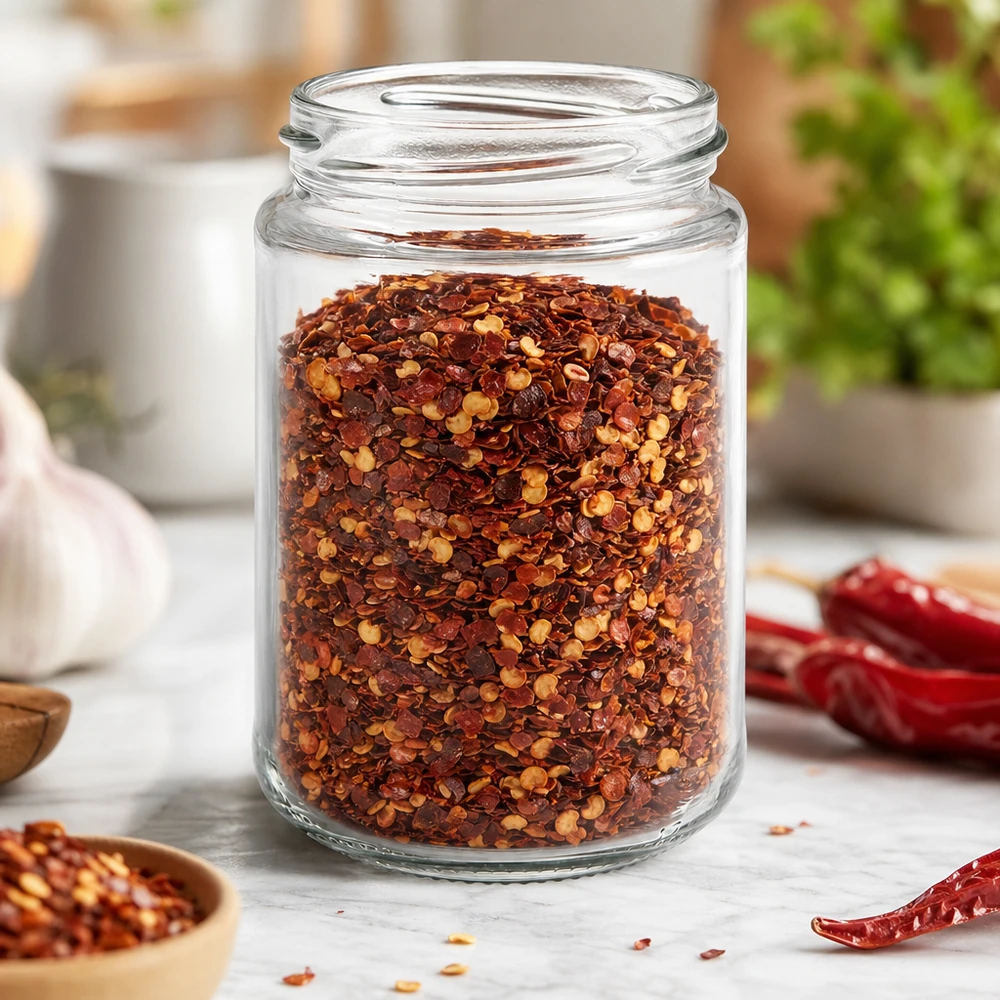 UNiTWIST Runda390 Rundglas 390ml TO70 mit Chili-Gewürzmischung gefüllt in Küche mit Chilischoten