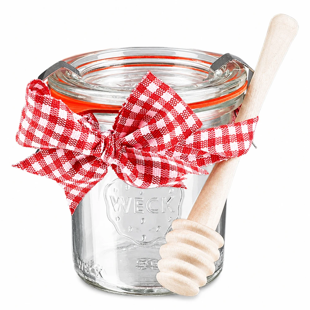 WECK mini tumbler 140ml completo di cucchiaio per miele WECK mini vaso da mason 140ml con coperchio fiocco rosso e cucchiaio da miele in legno set completo per la conservazione dei vasetti
