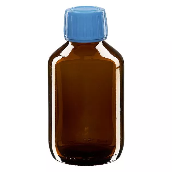 Flacone per medicinali da 150 ml marrone, tappo blu antimanomissione Flacone per medicinali da 150 ml marrone, tappo blu antimanomissione