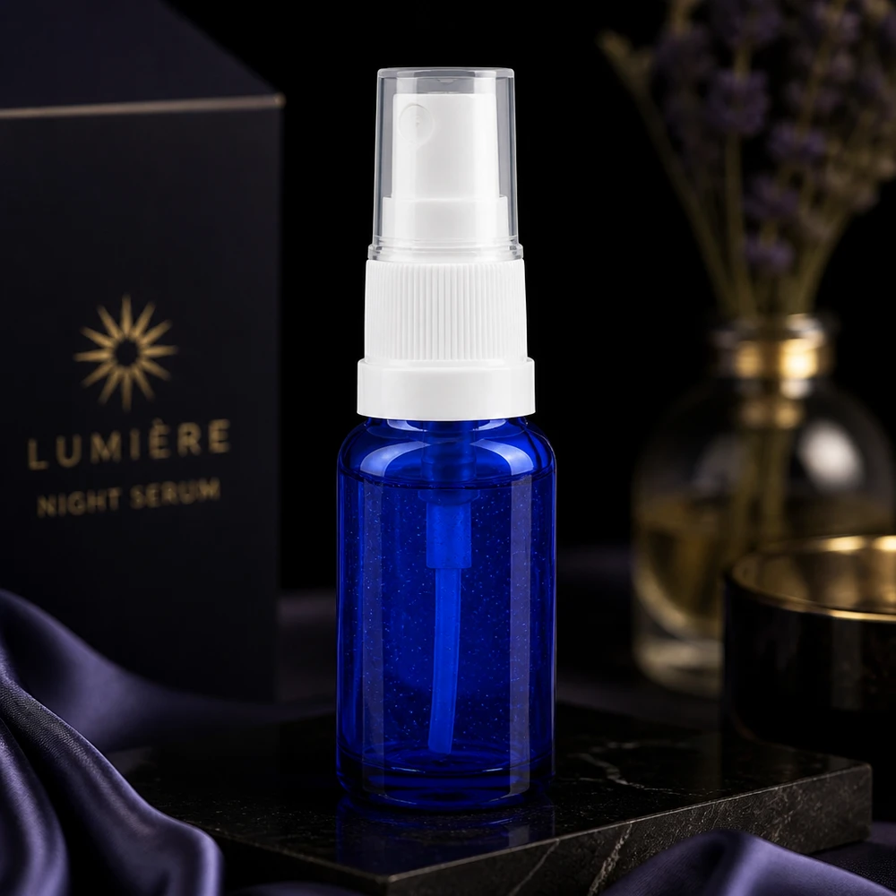 Blaue 10ml Flakon aus Apothekenglas mit transparentem Deckel und weißem Sprühkopf Standard