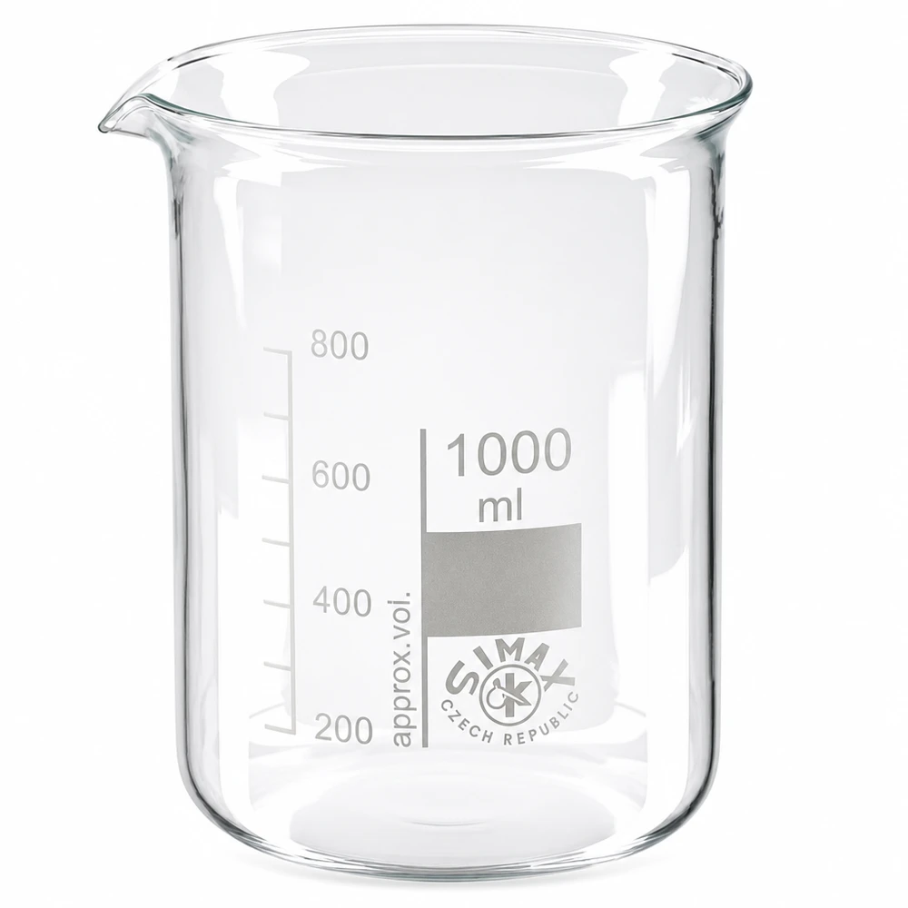 Bicchiere 1000ml in vetro borosilicato, forma bassa Bicchiere a stampo basso da 1000 ml in vetro borosilicato con beccuccio per lavori di laboratorio precisi
