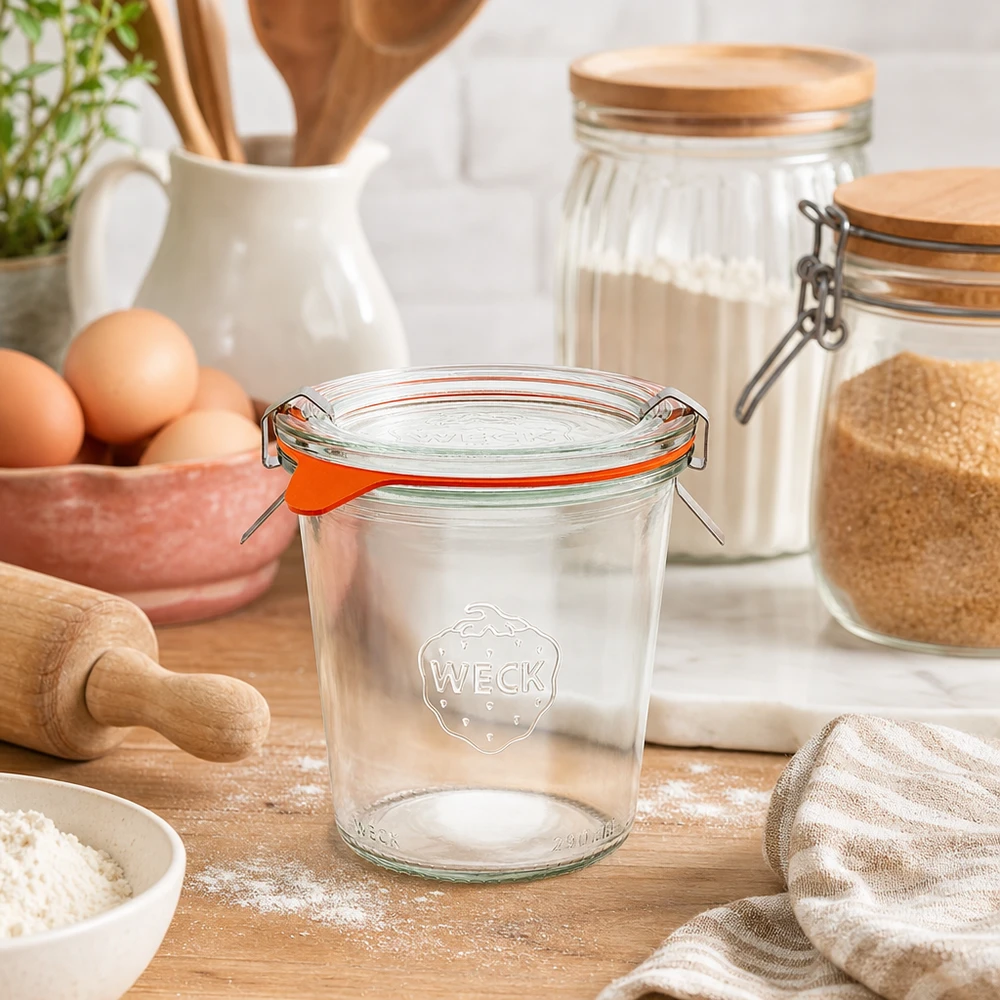 WECK Sturzglas 290ml RR80 leer in natürlicher Küchenumgebung mit Backzutaten Mehl Eiern und Holzutensilien