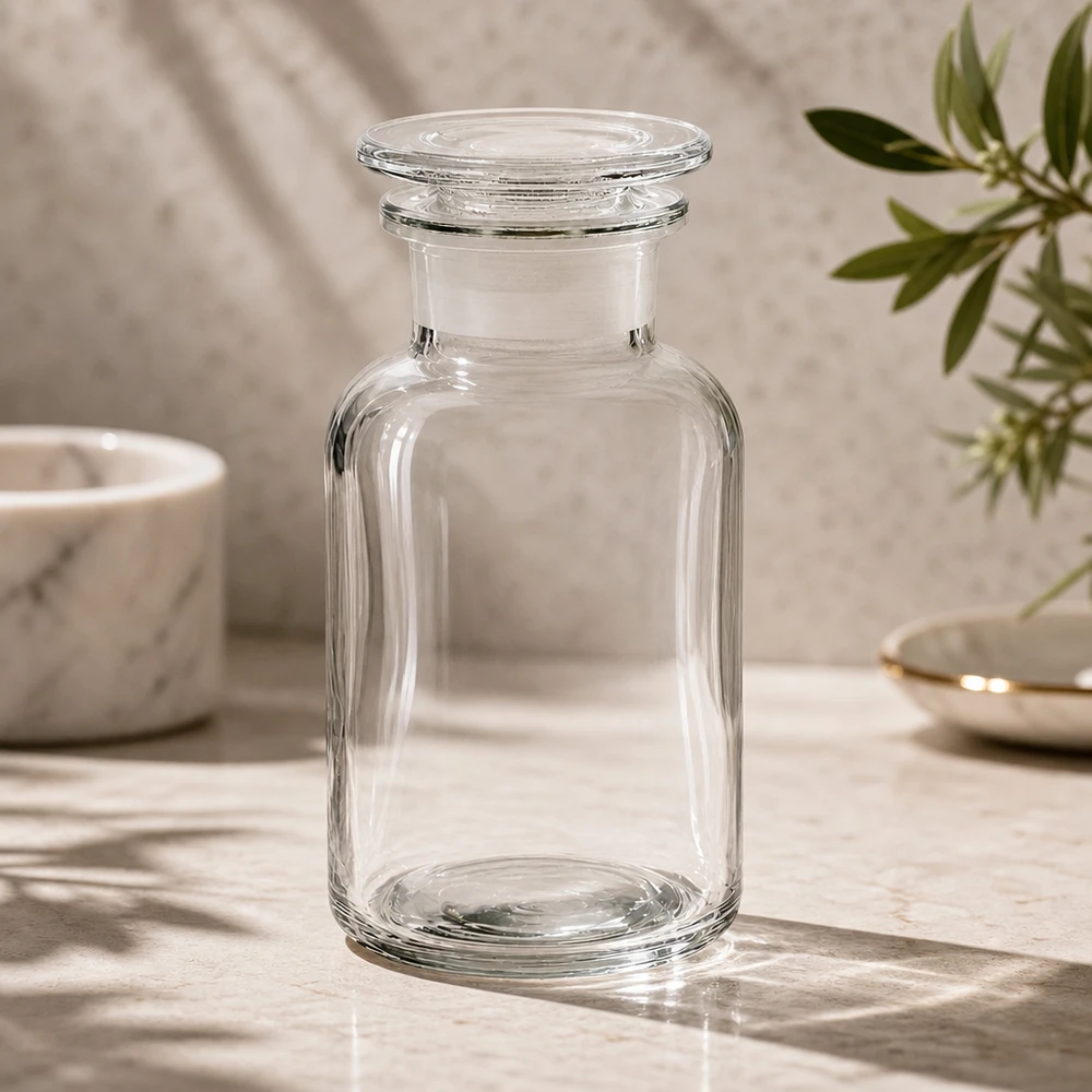 Bottiglia a spalla tonda 250ml chiara a collo largo con tappo in vetro Bottiglia vuota a spalla arrotondata da 250 ml in vetro trasparente con collo largo e tappo in vetro a incastro
