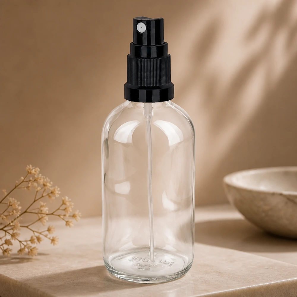 Flacone spray in vetro trasparente da 100 ml con erogatore a nebulizzazione fine nero su base in marmo chiaro