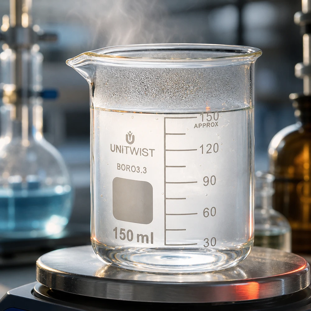 Bicchiere 150ml borosilicato, stampo basso UNiTwist Bicchiere UNiTwist da 150 ml in borosilicato, di forma bassa, su bilancia da laboratorio con acqua calda e vapore