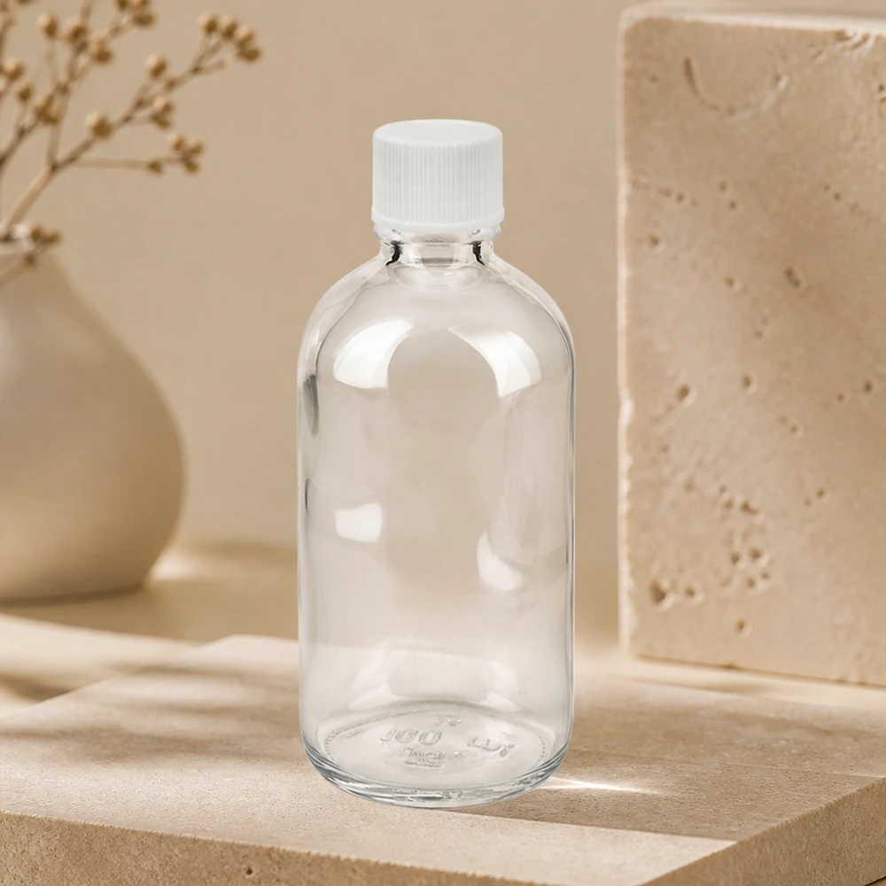 Flacone da farmacia vuoto da 100 ml in vetro trasparente con tappo a vite bianco STD ClearLine - Confezione farmaceutica