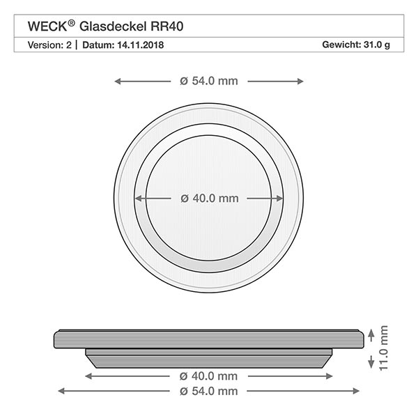 Barattolo a tulipano da 75 ml completo WECK RR40 Coperchio in vetro WECK RR40 disegno tecnico con dimensioni 54 mm di diametro esterno 40 mm di diametro interno Peso 31 g