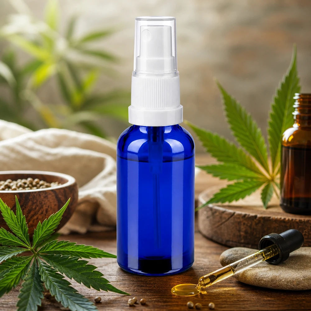 Robusto flacone spray da 30 ml in vetro blu con attacco spray trasparente per estratti di piante