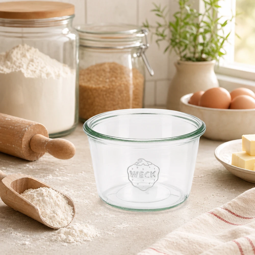 Bicchieri da 370 ml WECK RR100 Barattolo in vetro WECK 370ml RR100 in cucina con ingredienti da forno e utensili da cucina