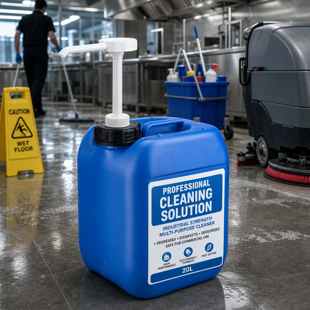 Bidon de 5 litres bleu avec pompe doseuse Bidon bleu de 20 litres contenant un produit nettoyant, équipé d'une pompe doseuse, dans une cuisine professionnelle