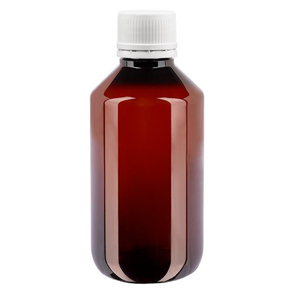 Bottiglia in PET da 200 ml con tappo bianco antimanomissione, finemente scanalata Bottiglia in PET da 200 ml con tappo bianco antimanomissione, finemente scanalata