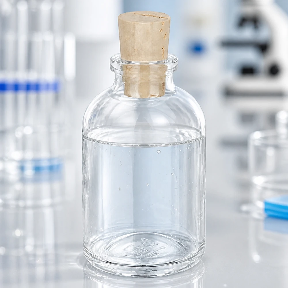 Bottiglia in vetro trasparente da 50 ml con tappo in sughero da 11/14 mm Verschlossene Laborflasche 50ml aus transparentem Glas mit Korkstopfen Nahaufnahme
