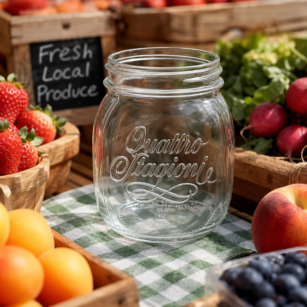 Bicchiere casalingo Quattro Stagioni da 700 ml su una tovaglia a scacchiera circondata da frutta e verdura fresca in cassette di legno