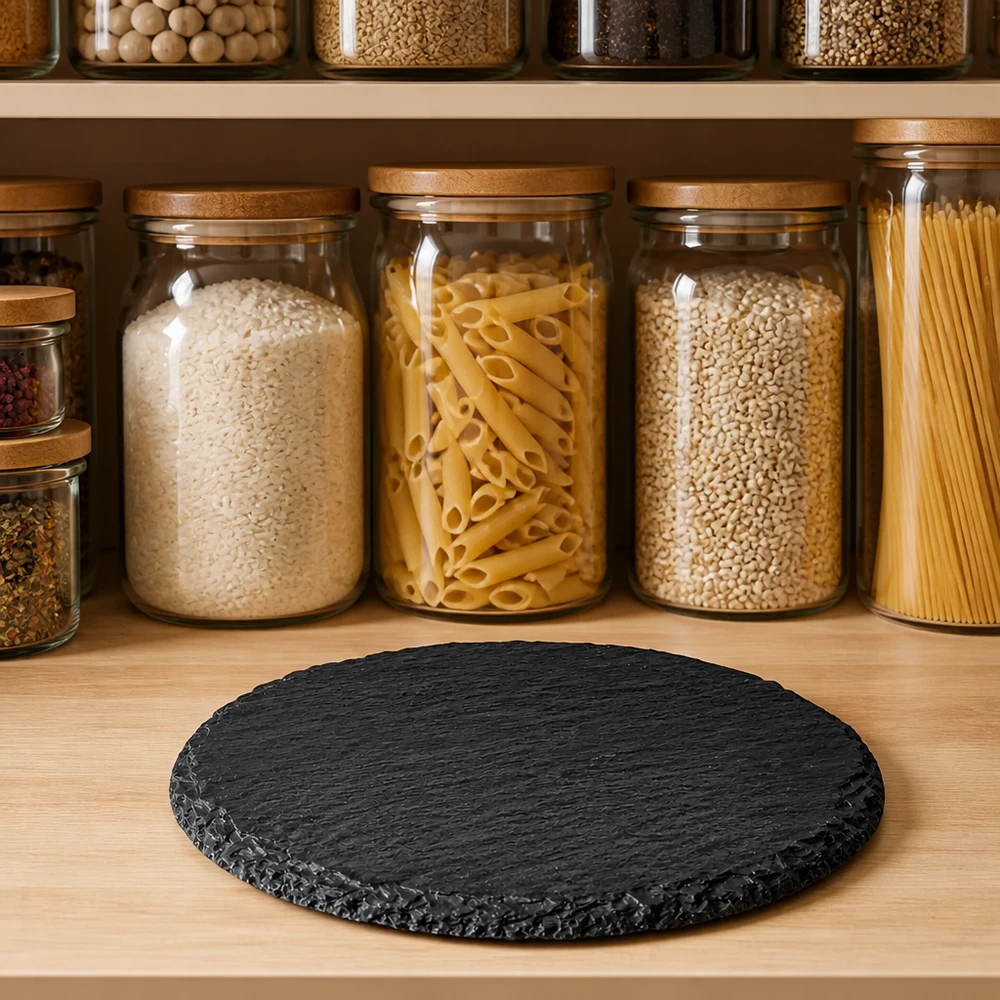 Lastra di ardesia rotonda 150 mm su ripiano in legno davanti alla dispensa con pasta e spezie in barattoli di vetro come piano di servizio naturale