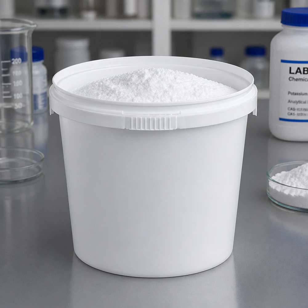 Offener Kunststoffeimer 1 Liter PP weiß mit Pulverfüllung neben Laborflaschen und Becherglas