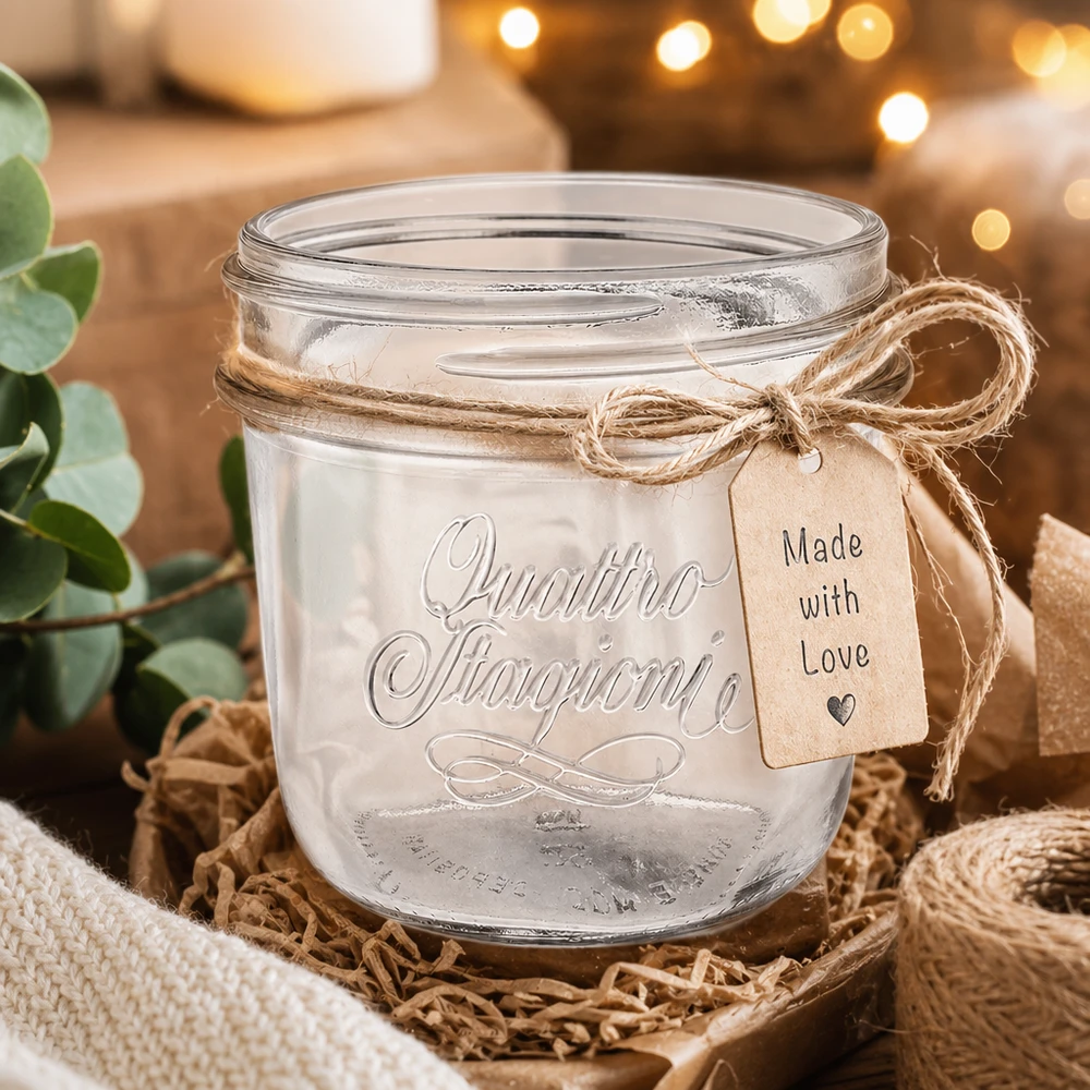Vaso per gioielli "Quattro Stagioni" da 200 ml Vasetto per gioielli Quattro Stagioni da 200 ml con nastro di iuta e ciondolo Made with Love in decorazione rustica