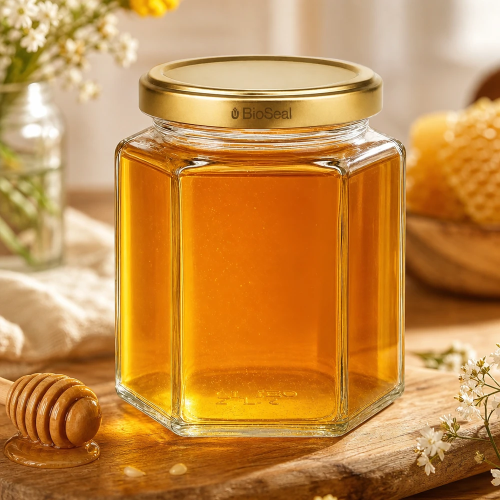 390ml Hexaglas mit BioSeal Deckel gold UNiTWIST UNiTWIST Hexa390 Honigglas mit goldenem TO70 BioSeal Deckel neben Honigwabe und Honiglöffel auf Holztisch