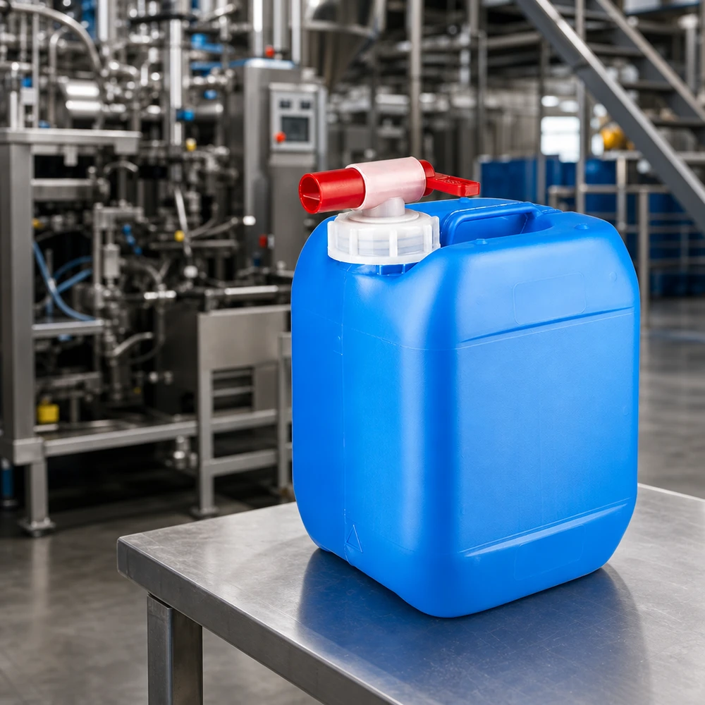 Bidon 5 litres bleu avec robinet Bidon rectangulaire bleu de 5 litres muni d'un robinet rouge, posé sur une table en acier inoxydable dans une installation industrielle