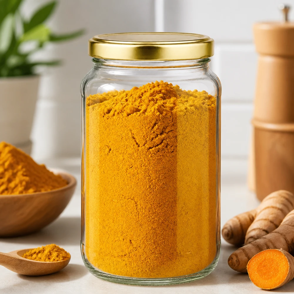 Barattolo rotondo da 1700 ml con coperchio BasicSeal dorato riempito di polvere di curcuma mostra un pratico uso in cucina
