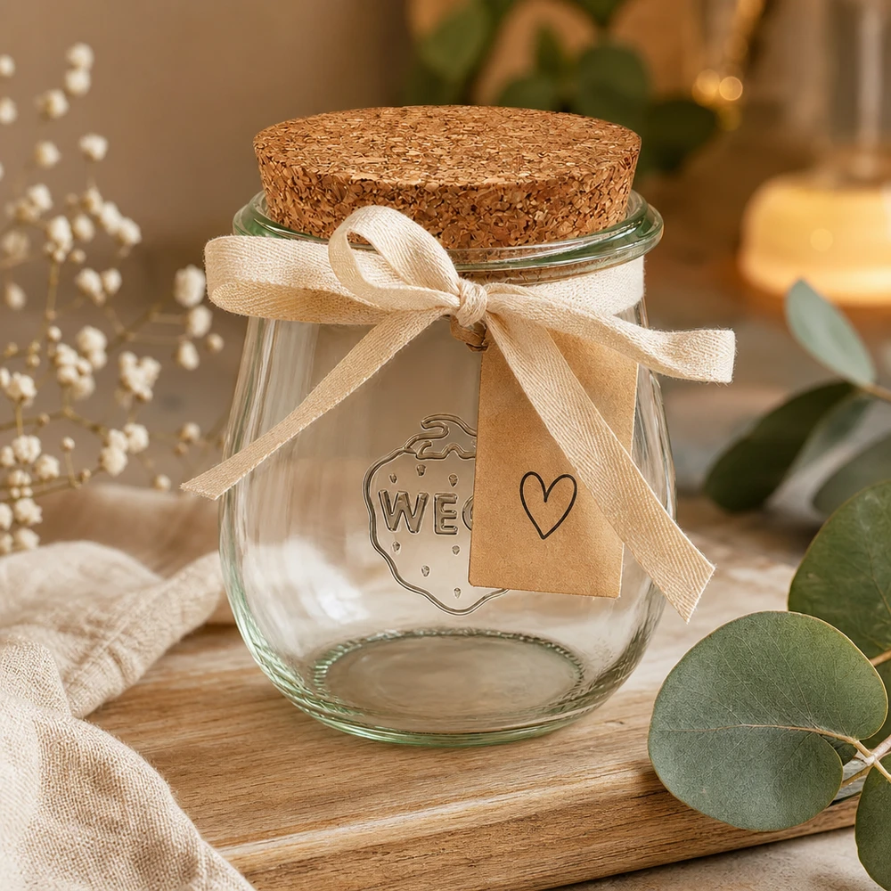 Vaso WECK a tulipano 220ml RR60 confezionato in modo decorativo con fiocco e cartellino regalo su un tavolo di legno