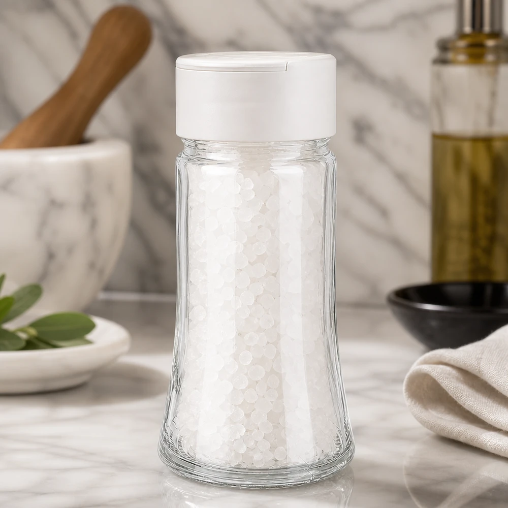 Pot à sel/épices 95 ml avec double saupoudreuse, blanc Elegantes Salzglas 95ml mit weißem Doppelstreuer auf Marmor – praktisch und stilvoll für die Küche