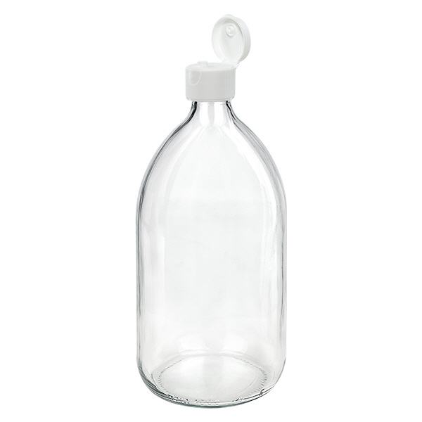Flacone per medicinali da 1000ml trasparente, con tappo flip-top ApoGlas Flacone per medicinali da 1000ml trasparente, con tappo flip-top ApoGlas