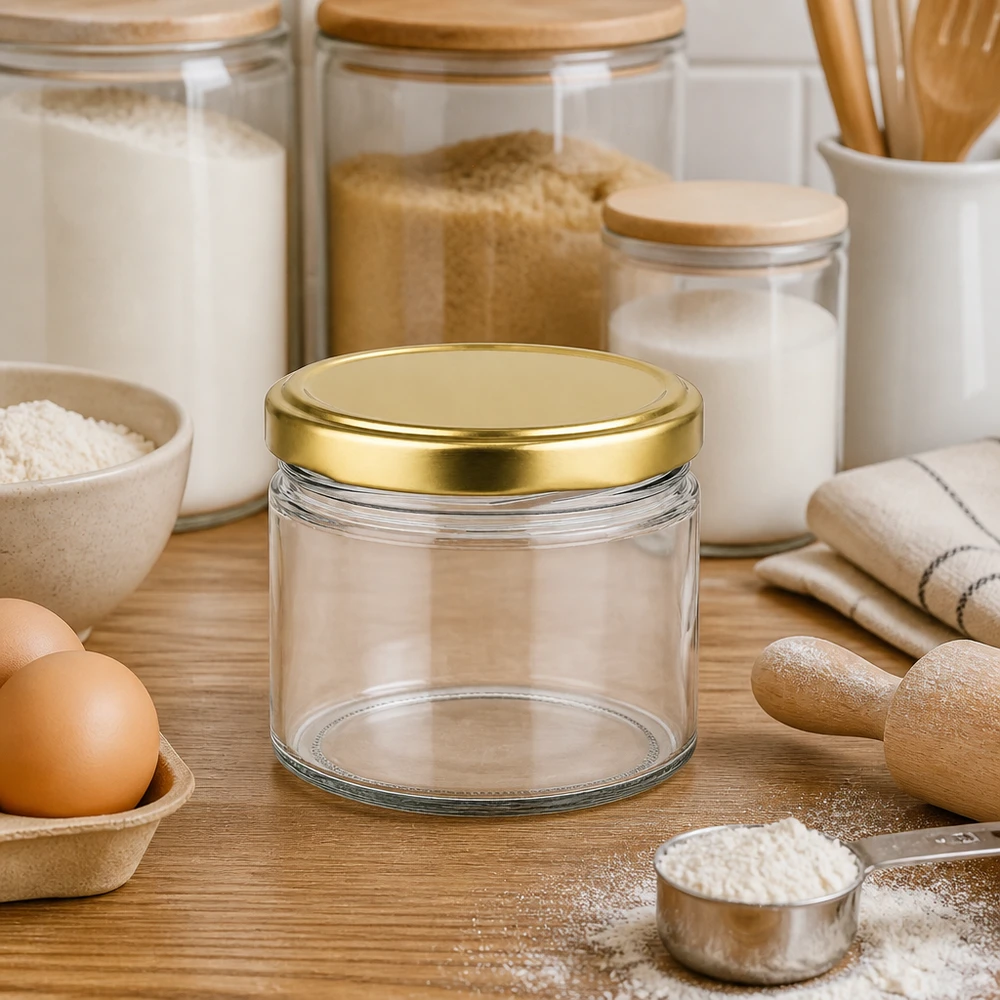 Barattolo rotondo da 540 ml con coperchio BasicSeal dorato in una cucina moderna tra barattoli di stoccaggio e ingredienti da forno