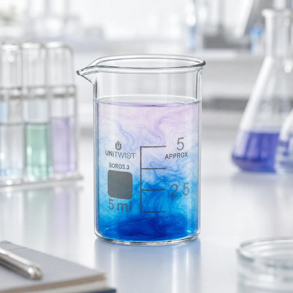 Bicchiere 5ml in borosilicato, forma bassa UNiTWIST Piccolo becher da laboratorio da 5 ml in borosilicato 3.3 con sfumatura blu e graduazione