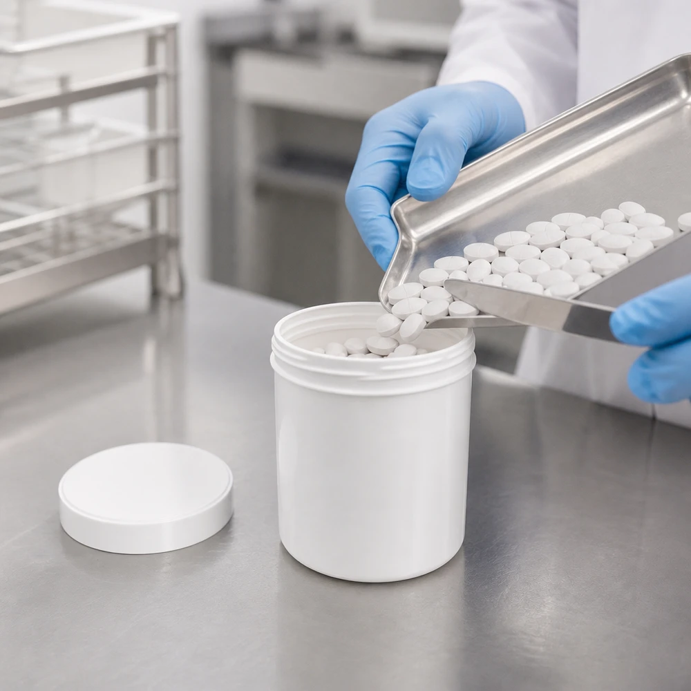 Récipient pharmaceutique de 20 g en polypropylène blanc avec couvercle à vis, prêt à être conditionné