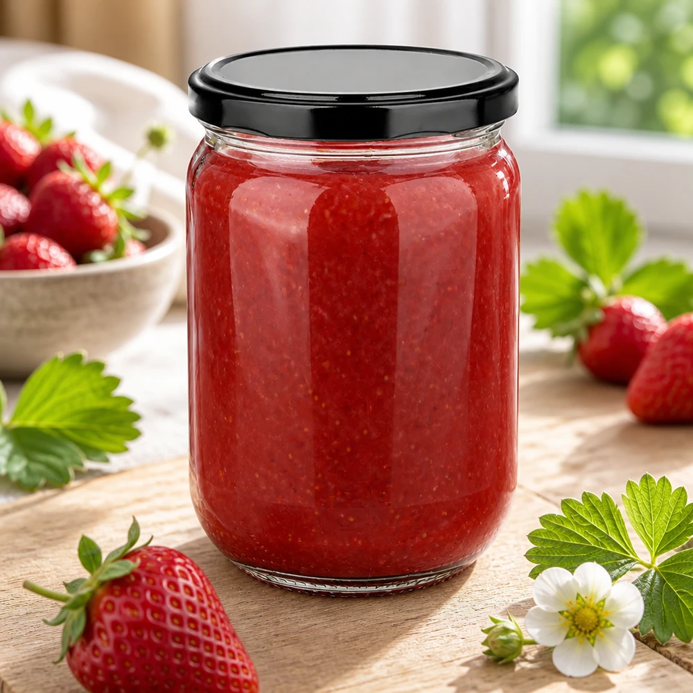 Einmachglas 555ml mit Erdbeerconfiture und frischen Erdbeeren auf Holztisch dekoriert