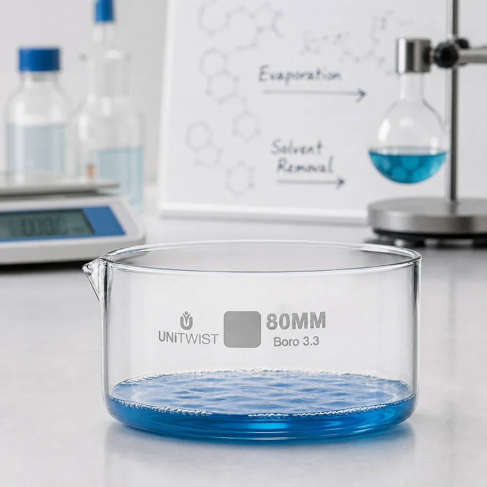Cristallisoir ø80mm verre borosilicaté UNiTWIST Coupelle de cristallisation UNiTWIST, ø 80 mm, en verre borosilicaté 3.3, contenant un liquide bleu sur un plan de travail de laboratoire blanc