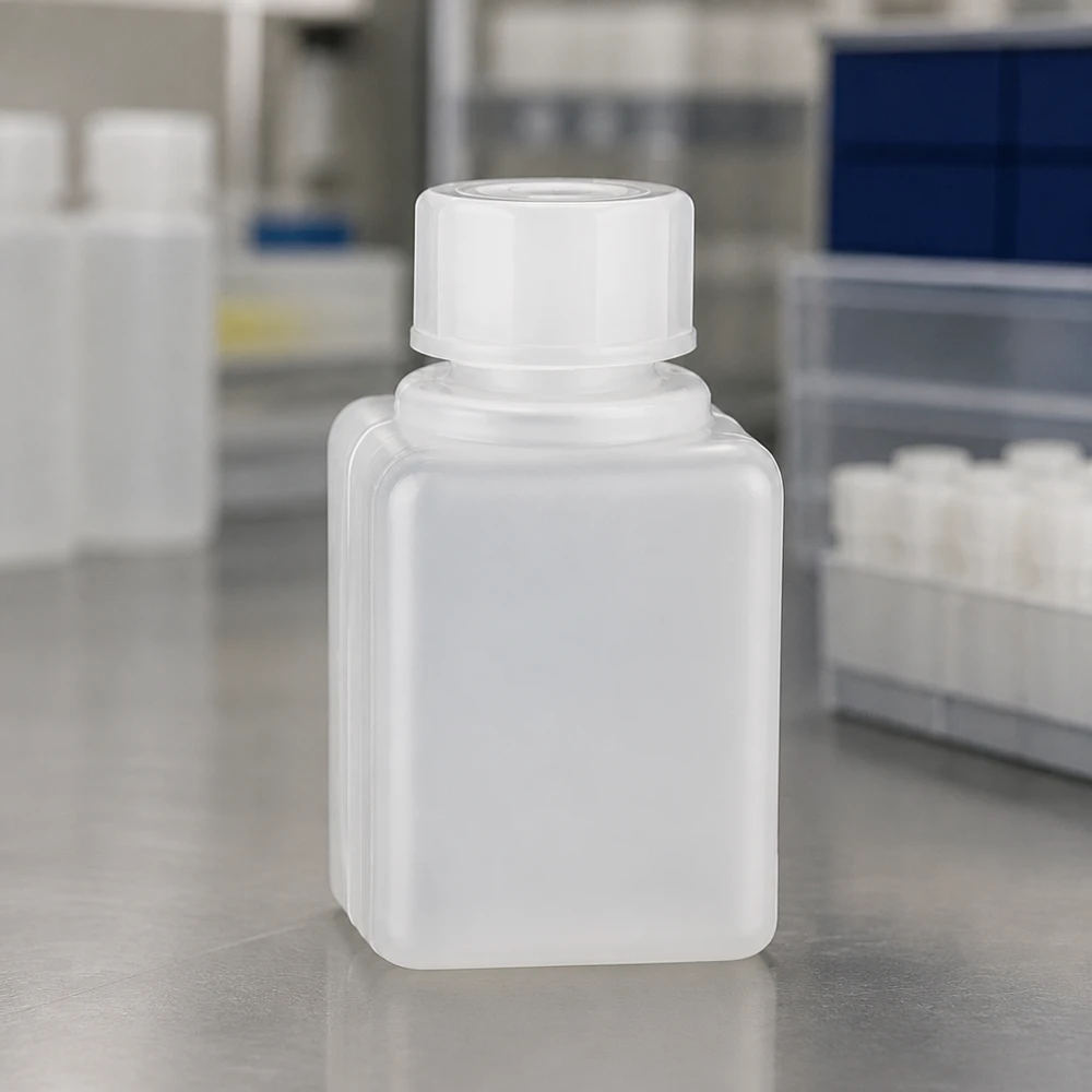 Flacon à produits chimiques 20 ml à col étroit, PEHD couleur naturelle, avec bouchon GL 18 Flacons de produits chimiques de 20 ml en PE-HD à col étroit dans un environnement de laboratoire, avec des étagères et des boîtes de rangement