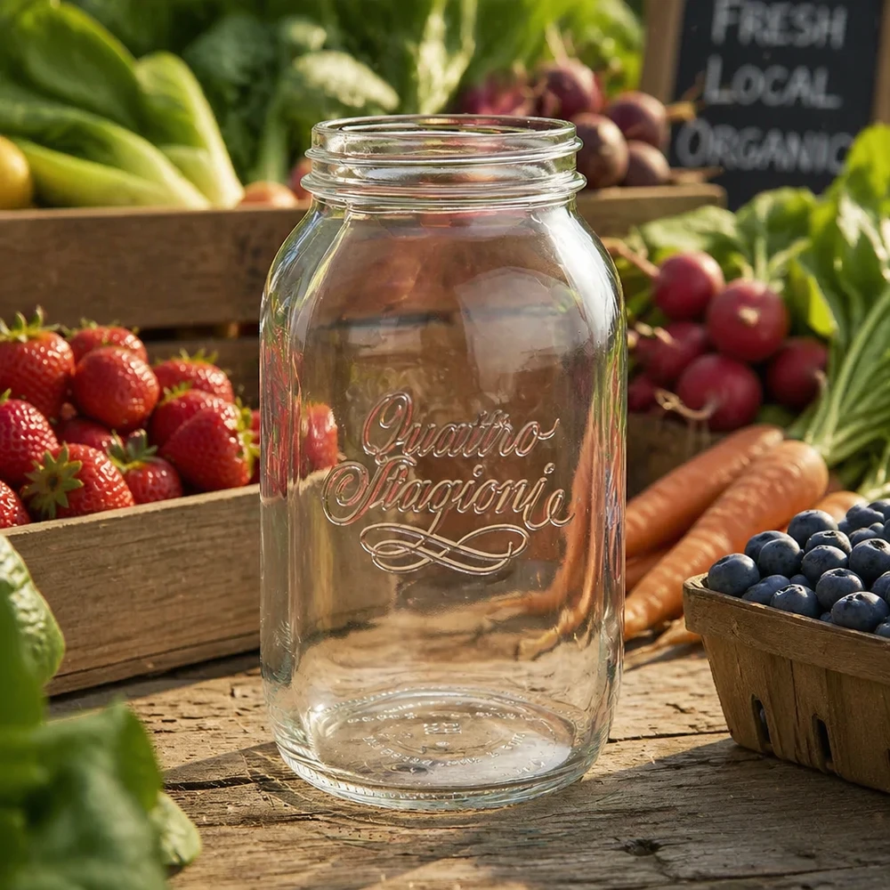 Barattolo per conserve domestiche Quattro Stagioni da 1500 ml su tavolo di legno con frutta e verdura fresca sullo sfondo