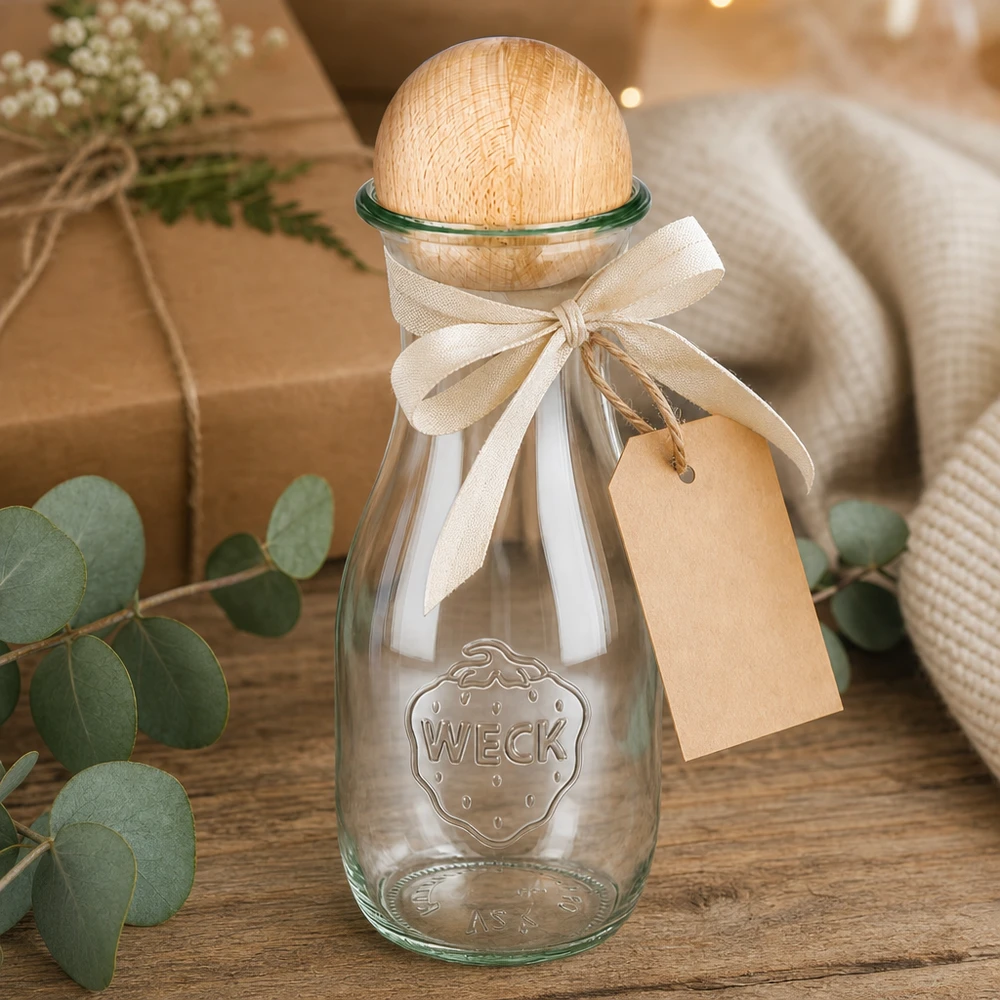 Bottiglia per succhi di frutta da 530 ml WECK RR60 con sfera in legno di faggio Bottiglia di succo WECK da 530 ml confezionata con fiocco ed etichetta accanto a eucalipto e decorazioni