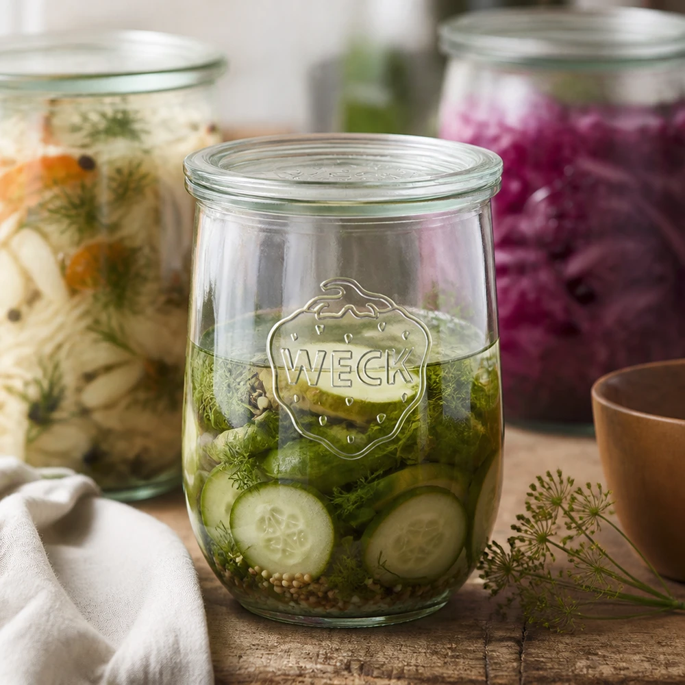 Barattolo a tulipano da 1062 ml con coperchio in vetro WECK RR100 WECK vaso a tulipano 1062ml cetrioli sottaceto aneto spezie verdure fermentate RR100 vaso coperchio conservazione