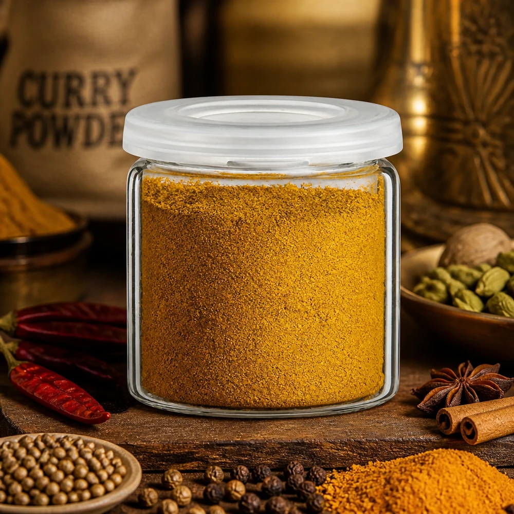 Idea barattolo per spezie: barattolo per compresse da 5ml (barattolo con bordo arrotolato) in vetro trasparente Contenitori per spezie in vetro con bordo arrotolato contenenti curry in polvere orientale su un tavolo rustico in legno