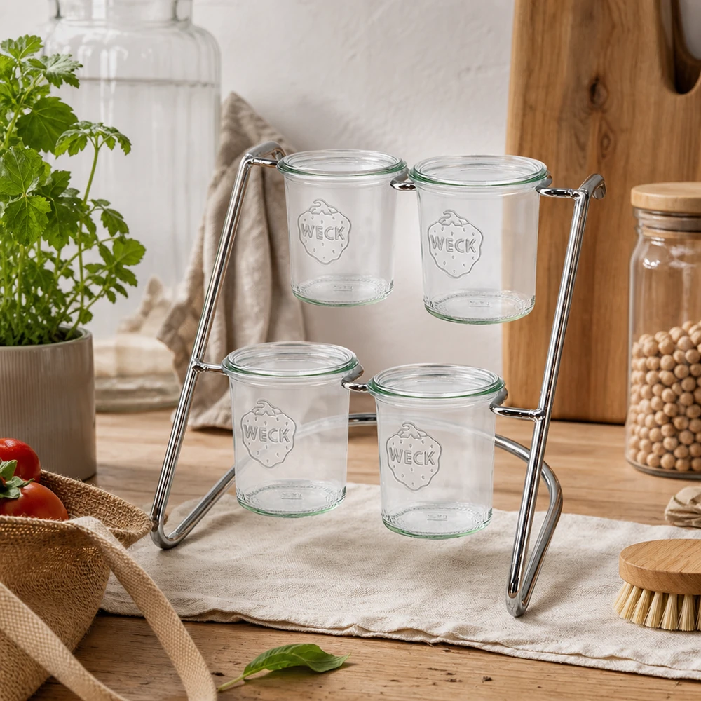 Présentoir Flato4 pour 4 bocaux WECK Serviergestell Flato4 auf Holztisch mit leeren WECK Gläsern - minimalistisches Design für natürliche Küchendekoration