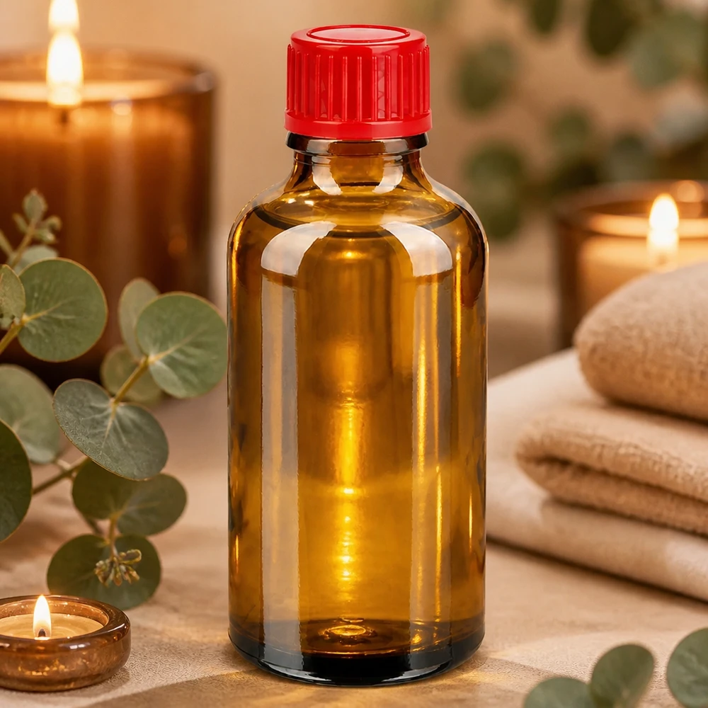 Flacon en verre ambré de 50 ml protégeant de la lumière avec bouchon à vis rouge fixe